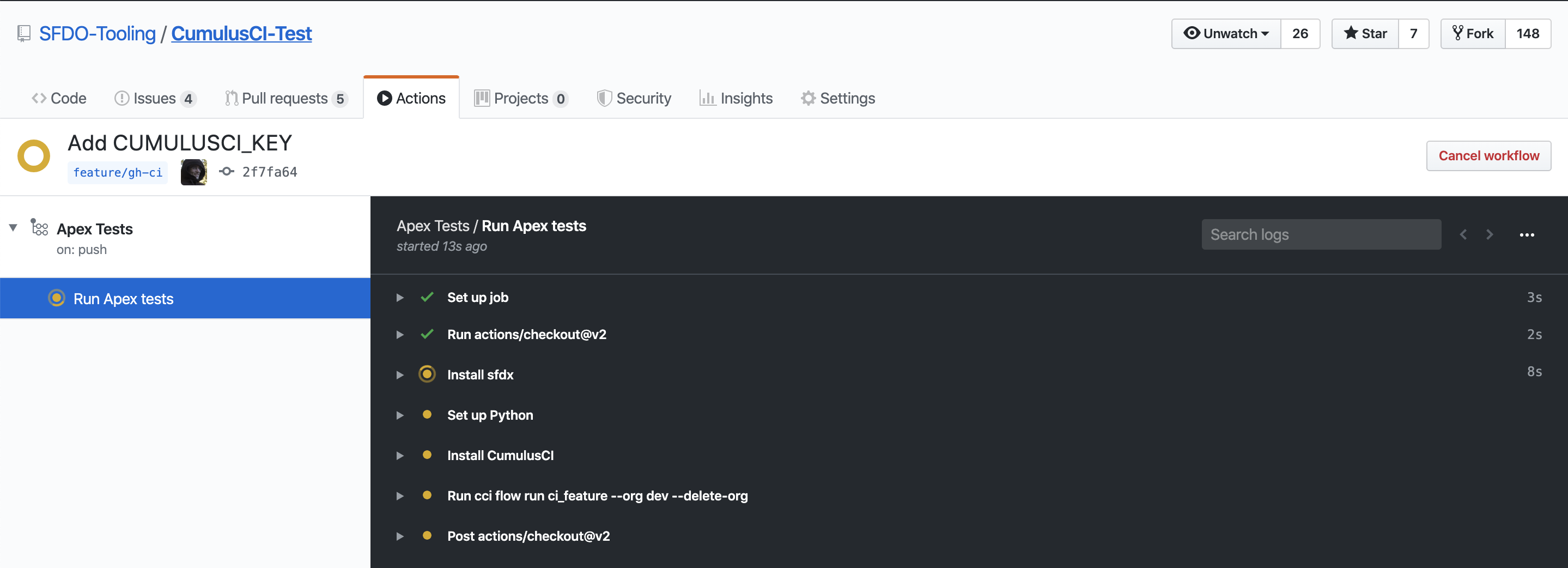 Screenshot showing a running GitHub Action workflow